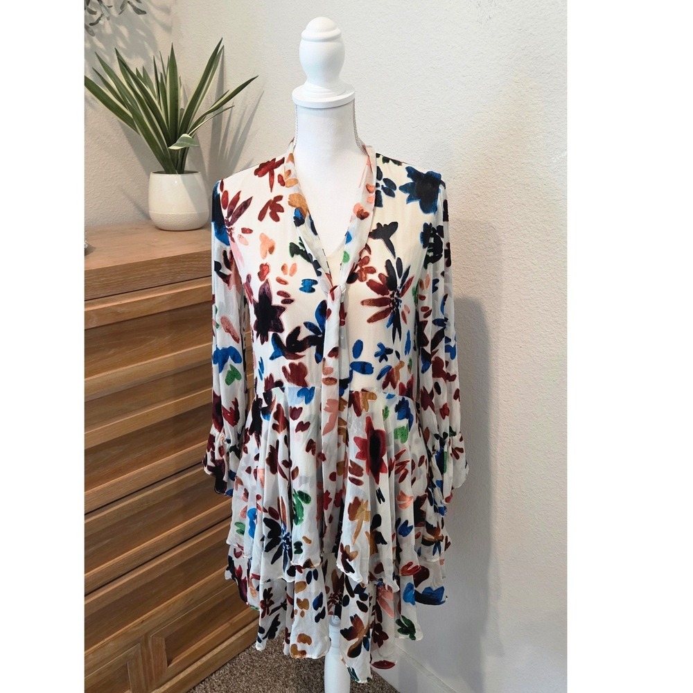 Mimihezi Floral Silk Tiered Mini Dress V-Neck Long Sleeve Velvet Boho Small